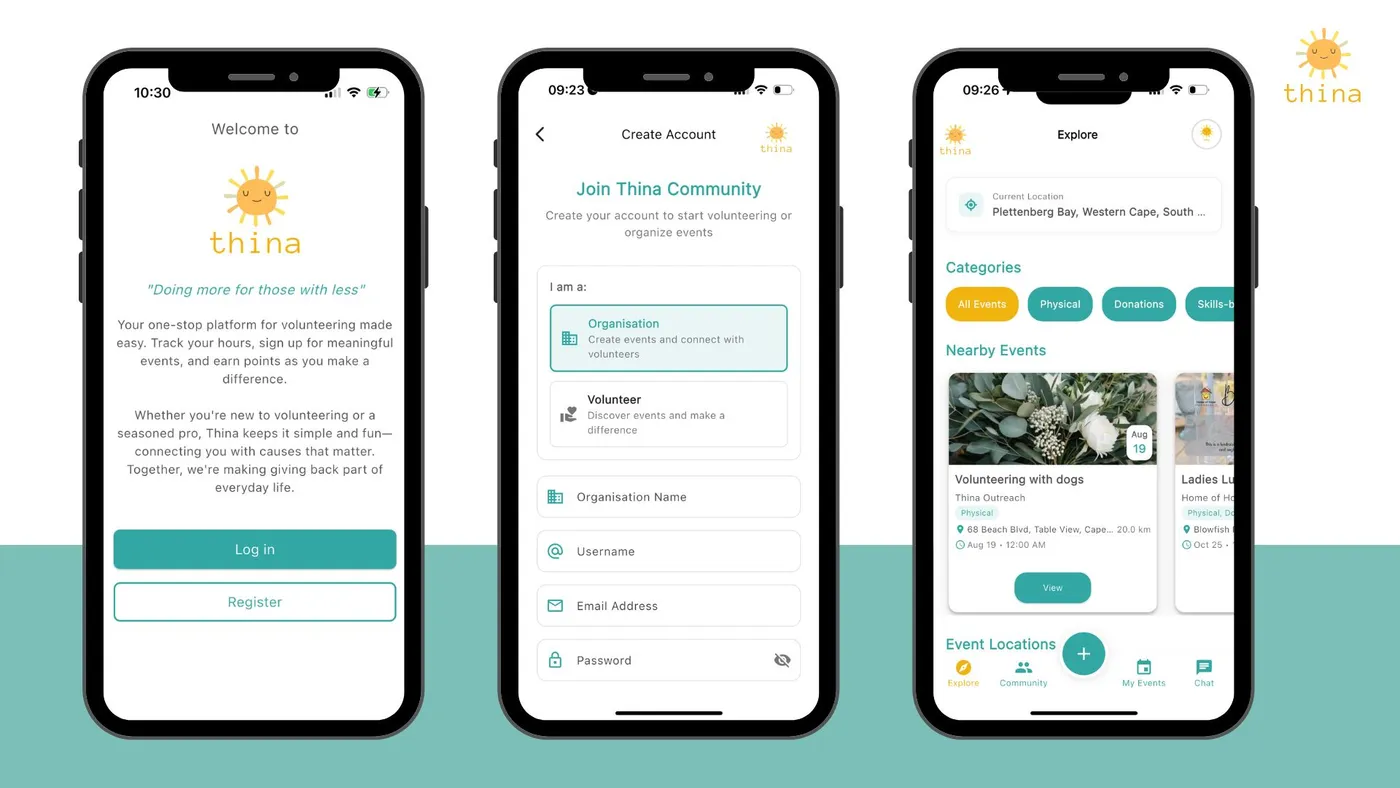 Thina app — welcome, sign up and explore screens